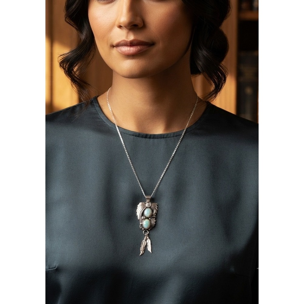 Navajo White Opal Pendant Necklace Feather Tassel Jewelry Unsigned Yazzie